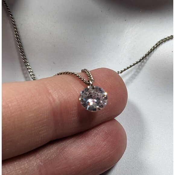 Minimalist Dainty Circular Cubic Zirconia Pendant On Silver Tone Chain - Picture 7 of 8